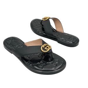 Gucci GG Black Interlocking Logo Flat Thong Sandal Gold Flip Flop Size 37 US 7